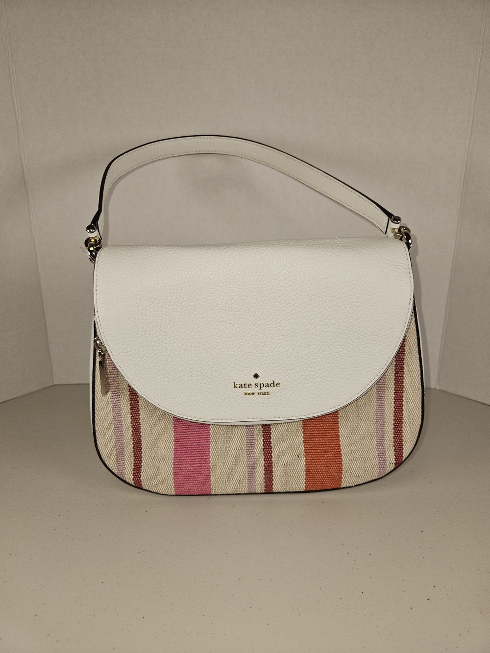 Kate Spade Leila Leather Flap Shoulder White Multi Color Stripe Like New W Strap - Picture 1 of 16